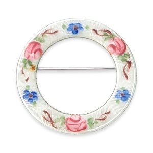 Vintage Guilloché Enamel Floral Circle Pin by La Mode Sterling Silver Brooch